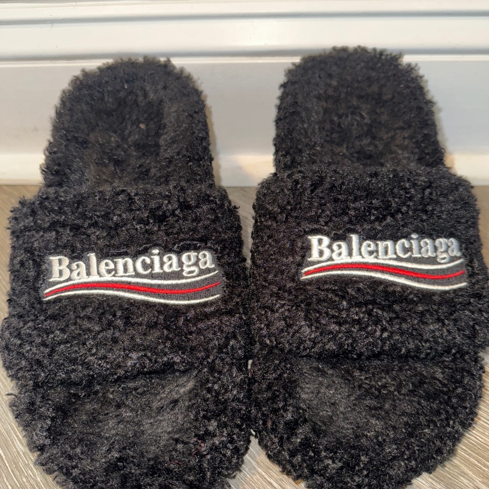 Balenciaga Black Fuzzy Slide Heels